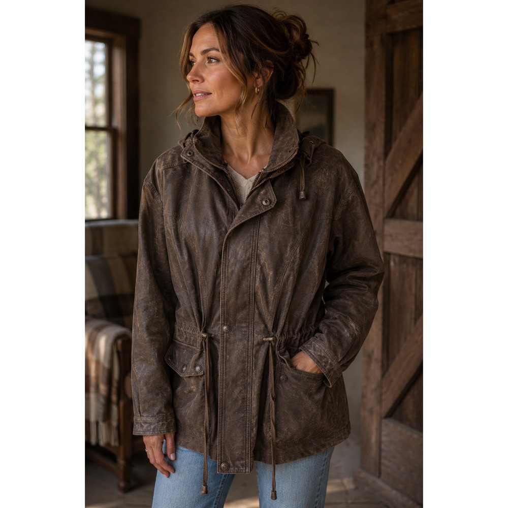 Patricks Cotacachi Ecuador Brown Leather Hooded Field Jacket Paisley Lined‎
